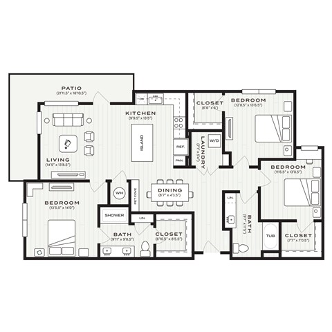 Floor plan for 3 beds, 2 baths, 1465 sqft